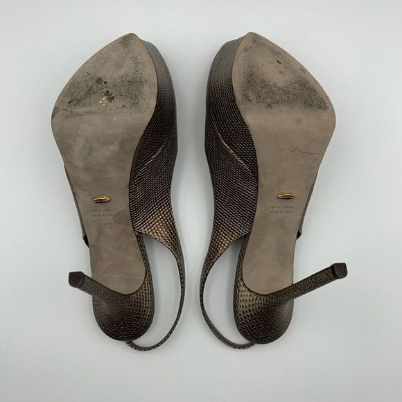 Sergio Rossi Lizard Embossed Peep Toe Sling Back Platform Heels Bronze Size 10 - Picture 9 of 12